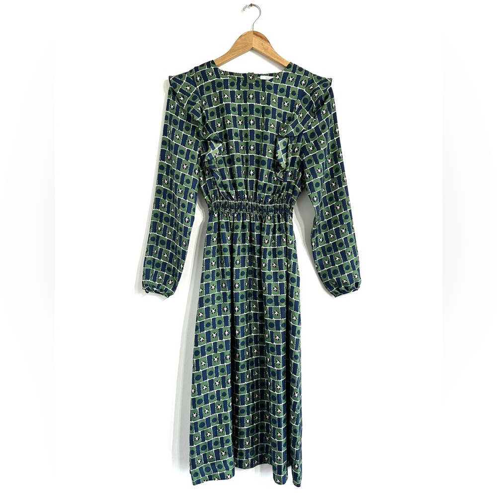 Chinti & Parker Midi dress long sleeve green blue geometric star print silk